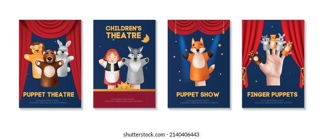 Realistic puppet theater performance poster set with cute finger and hand toys red curtains on blue background isolated vector illustration