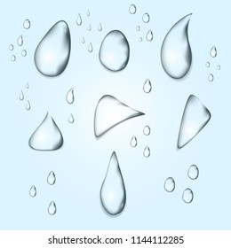 Realistic pure clear transparent water drops set. Isolated vector illustration. 