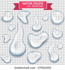 Realistic pure clear water drops with shadow isolated vector