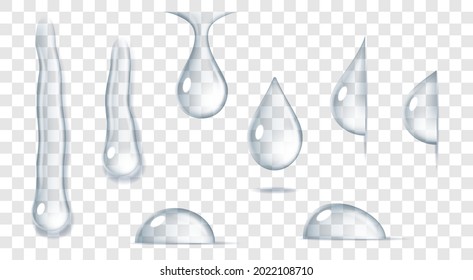 Realistic pure droplets of clear fresh water drop, rain. Set of liquid bubbles isolated on transparent background. Morning dew or raindrop. 3d vector illustration svg