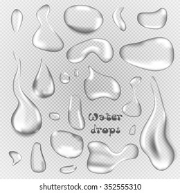 Realistic pure and transparent water drops set with shadow on gray background. Vector illustration EPS10