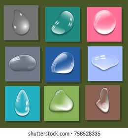Realistic pure and transparent water drops set vector illustration wet light abstract macro fresh bubble.