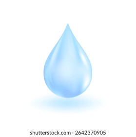 Realistic pure water drop vector isolated on white background. Illustration for drinking water, freshness, hydrated aqua for skin nourishment, moisturizer.
