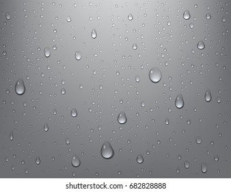 Realistic pure water drops on isolated background. Steam shower condensation on vertical surface. Vector illustration.