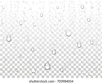 Realistic pure water drops on isolated background. Clean water drop condensation. Steam shower condensation on vertical surface. Vector illustration.