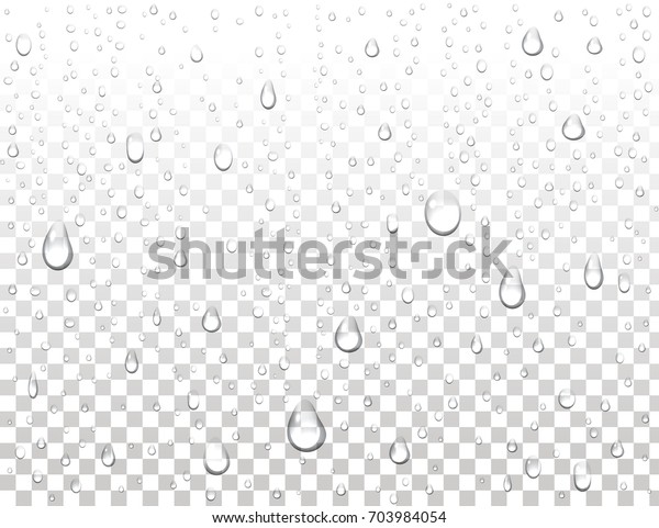 Realistic pure water drops on isolated\
background. Clean water drop condensation. Steam shower\
condensation on vertical surface. Vector\
illustration.