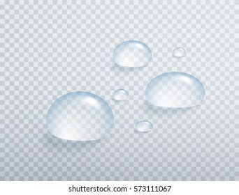 Realistic pure water drops set isolated on a transparent background. Vector clear blue bubbles surface for your design