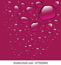 Realistic pure water drops realistic set isolated. Water drops with red pink background. Clean drop condensation. Vector illustration stock vector.