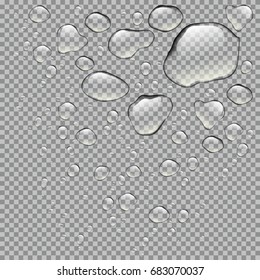 Realistic pure water drops realistic set isolated. Water drops with transparent background. Clean drop condensation. Vector illustration stock vector.