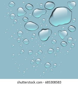 Realistic pure water drops realistic set isolated. Water drops with blue cyan background. Clean drop condensation. Vector illustration stock vector.