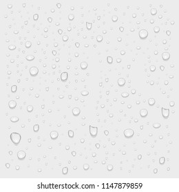 Realistic pure water rain or steam drops on transparent background. Vector isolated droplets illustration.