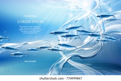 Realistic Pure Water Streams On Light Blue Background With Translucent Fishes, Swirl Splashes And Drops. Underwater World Concept 3D Vector Illustration