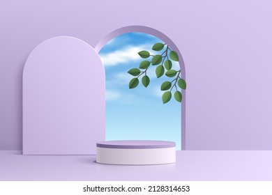 Realistic purple 3D cylinder pedestal podium with blue cloud sky and green leaf in arch window. Minimal scene for products stage showcase, promotion display. Vector geometric platform. Abstract room.