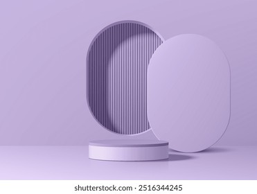 Fondo de podio de pedestal cilíndrico 3D púrpura realista con escena de pared de ventana redonda. Pedestal de maqueta minimalista o presentación abstracta del producto, escaparate del escenario. Diseño de Vector de plataformas.