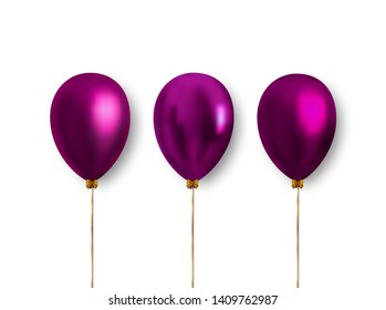 Realistic purple balloons isolated on white background to decorate holiday banners, cards and much more. Ready vector clipart for decoration.