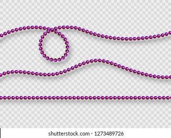 Realistic purple beads isolated on transparent background. Decorative elements for holiday design, Mardi Gras carnival. Vector illustration.