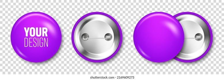 Realistic purple blank badge isolated on transparent background. Glossy 3D round button. Pin badge, brooch mockup for product promotion and advertising. Vector illustration.