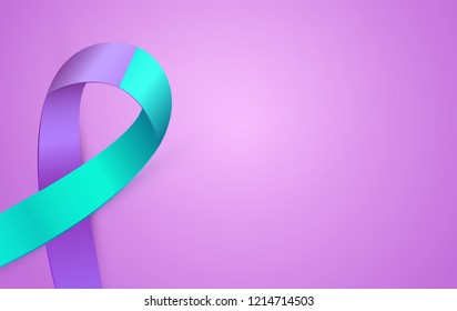 Realistic purple blue ribbon banner to Suicide Prevention Awareness Month. Double colour type medical poster with a place for text. Vector illustration EPS 10 file.