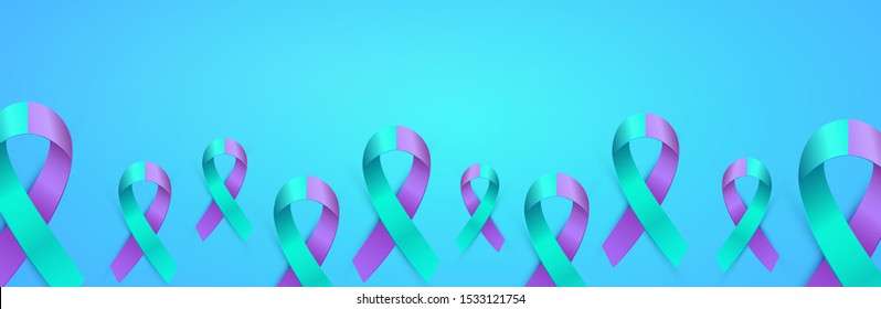 Realistic purple blue ribbon banner to Suicide Prevention Awareness Month. 3D Double color type medical poster with a place for text. Horizontal Header for web, flyer. Vector illustration EPS 10 file