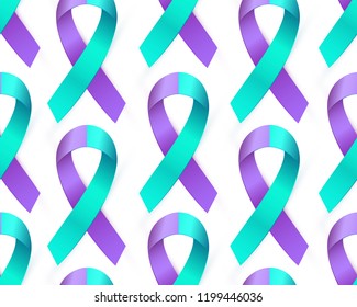 Realistic purple blue ribbon seamless pattern for Suicide Prevention Awareness isolated on white background. Double colour type medical banner. Vector illustration EPS 10 file.