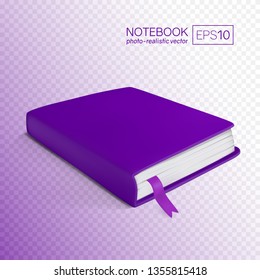 Realistic purple book with bookmark. Vector illustration isolated on transparent background. This purple notebook can be placed on any background.