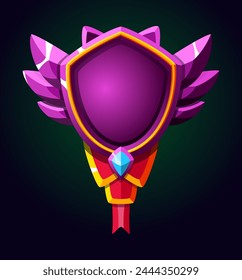 Realistic purple coat of arms for emblems and achievements with ribbon and gemstone. Perfect for mobile games.