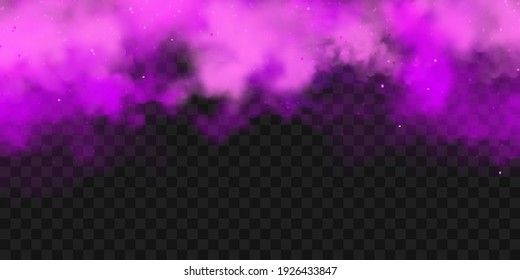 Realistic purple colorful smoke clouds, mist effect. Fog isolated on transparent background. Vapor in air, steam flow. Vector illustration.