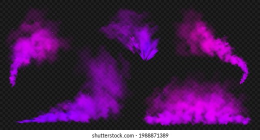 Realistic purple colorful smoke clouds, mist effect. Colored fog on dark background. Vapor in air, steam flow. Vector illustration.