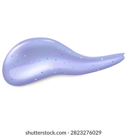 Realistic purple cream swatch. 3D vector illustration of scrub with particles texture isolated. Makeup peeling serum, skin care beauty product smear. Cosmetics gel, toothpaste or lotion sample
