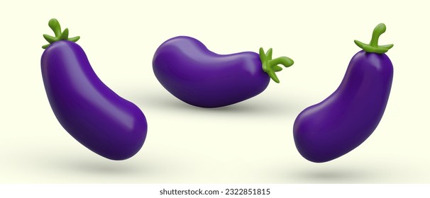 Realistic purple eggplants with shadows. Set of ripe vegetables in different positions. Natural food ingredient for vegetarian meal. Vector illustration