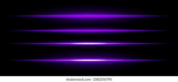 Realistic purple laser beams with glowing effect on a black background. Futuristic energy streaks, sci-fi speed motion, neon cyber light.