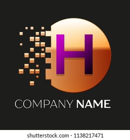 Realistic Purple Letter H logo symbol in the golden colorful pixel circle shape with shattered blocks on black background. Vector template for your design