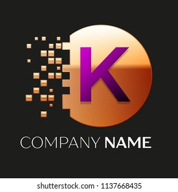 Realistic Purple Letter K logo symbol in the golden colorful pixel circle shape with shattered blocks on black background. Vector template for your design