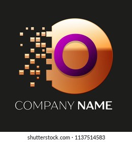 Realistic Purple Letter O logo symbol in the golden colorful pixel circle shape with shattered blocks on black background. Vector template for your design