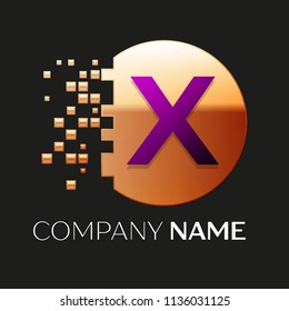 Realistic Purple Letter X logo symbol in the golden colorful pixel circle shape with shattered blocks on black background. Vector template for your design