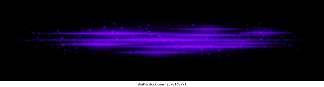 Realistic purple light streaks with glowing particles on a black background. Futuristic energy beams, motion blur, neon glow, sci-fi speed effect.