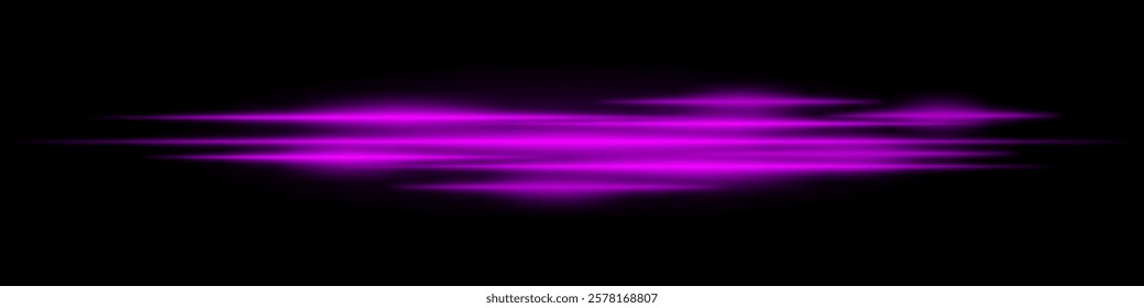 Realistic purple light streaks with motion blur on a black background. Futuristic energy beams, speed effect, neon glow, sci-fi cyber design.