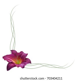 Realistic purple lily flower, corner.