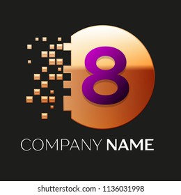Realistic Purple Number Eight logo symbol in the golden colorful pixel circle shape with shattered blocks on black background. Vector template for your design
