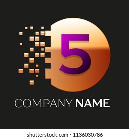 Realistic Purple Number Five logo symbol in the golden colorful pixel circle shape with shattered blocks on black background. Vector template for your design