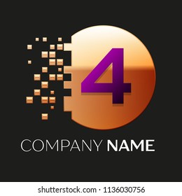 Realistic Purple Number Four logo symbol in the golden colorful pixel circle shape with shattered blocks on black background. Vector template for your design