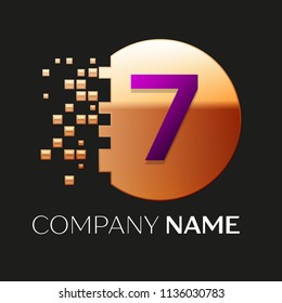 Realistic Purple Number Seven logo symbol in the golden colorful pixel circle shape with shattered blocks on black background. Vector template for your design