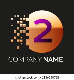 Realistic Purple Number Two logo symbol in the golden colorful pixel circle shape with shattered blocks on black background. Vector template for your design