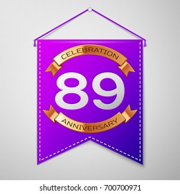 Realistic Purple pennant with inscription Eighty nine Years Anniversary Celebration Design on grey background. Golden ribbon. Colorful template elements for your birthday party. Vector illustration