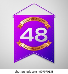 Realistic Purple pennant with inscription Forty eight Years Anniversary Celebration Design on grey background. Golden ribbon. Colorful template elements for your birthday party. Vector illustration