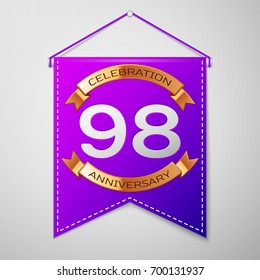 Realistic Purple pennant with inscription Ninety eight Years Anniversary Celebration Design on grey background. Golden ribbon. Colorful template elements for your birthday party. Vector illustration