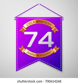 Realistic Purple pennant with inscription Seventy four Years Anniversary Celebration Design on grey background. Golden ribbon. Colorful template elements for your birthday party. Vector illustration