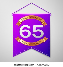Realistic Purple pennant with inscription Sixty five Years Anniversary Celebration Design on grey background. Golden ribbon. Colorful template elements for your birthday party. Vector illustration