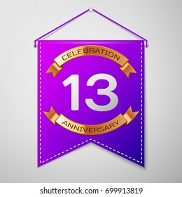 Realistic Purple pennant with inscription Thirteen Years Anniversary Celebration Design on grey background. Golden ribbon. Colorful template elements for your birthday party. Vector illustration