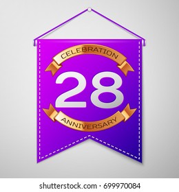Realistic Purple pennant with inscription Twenty eight Years Anniversary Celebration Design on grey background. Golden ribbon. Colorful template elements for your birthday party. Vector illustration
